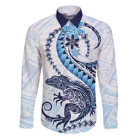 Blue Maori Tuatara Family Matching Off The Shoulder Long Sleeve Dress and Hawaiian Shirt Luxury Pastel Pattern LT01 Dad's Shirt - Long Sleeve Blue - Polynesian Pride