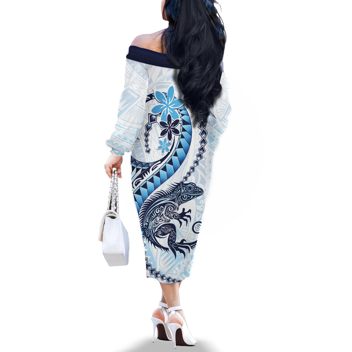 Blue Maori Tuatara Family Matching Off The Shoulder Long Sleeve Dress and Hawaiian Shirt Luxury Pastel Pattern LT01 - Polynesian Pride