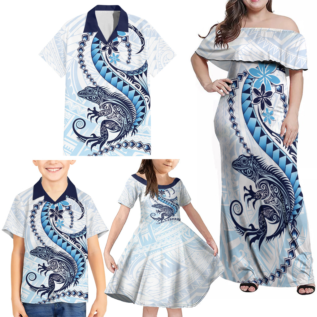 Blue Maori Tuatara Family Matching Off Shoulder Maxi Dress and Hawaiian Shirt Luxury Pastel Pattern LT01 - Polynesian Pride
