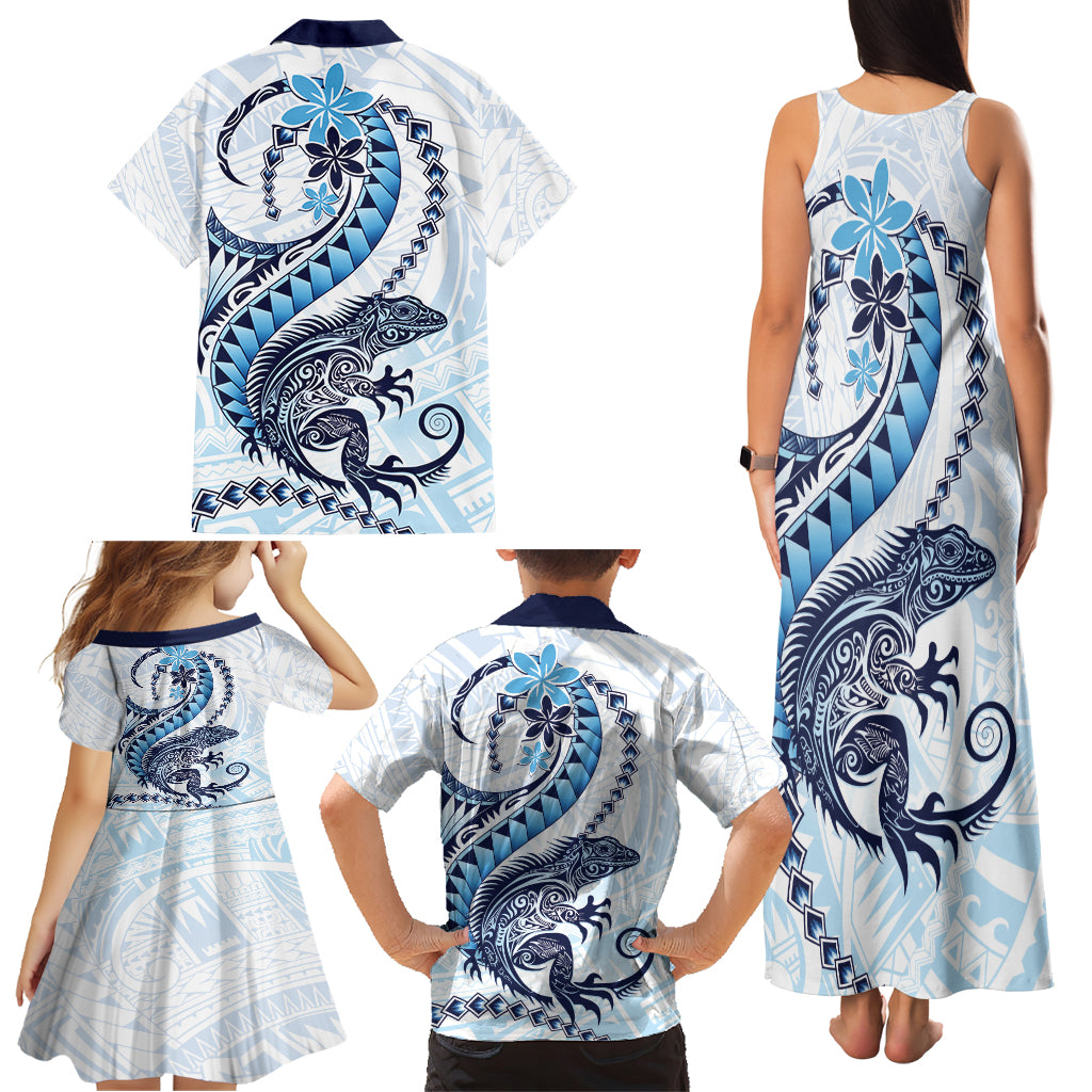 Blue Maori Tuatara Family Matching Tank Maxi Dress and Hawaiian Shirt Luxury Pastel Pattern LT01 - Polynesian Pride