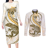 Gold Maori Tuatara Couples Matching Long Sleeve Bodycon Dress and Long Sleeve Button Shirt Luxury Pastel Pattern
