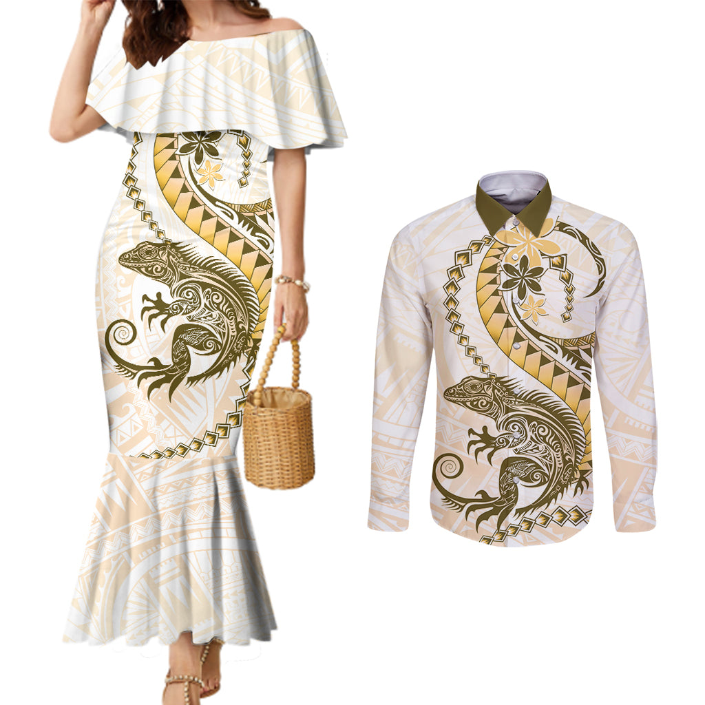 Gold Maori Tuatara Couples Matching Mermaid Dress and Long Sleeve Button Shirt Luxury Pastel Pattern LT01 Gold - Polynesian Pride