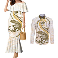 Gold Maori Tuatara Couples Matching Mermaid Dress and Long Sleeve Button Shirt Luxury Pastel Pattern LT01 Gold - Polynesian Pride