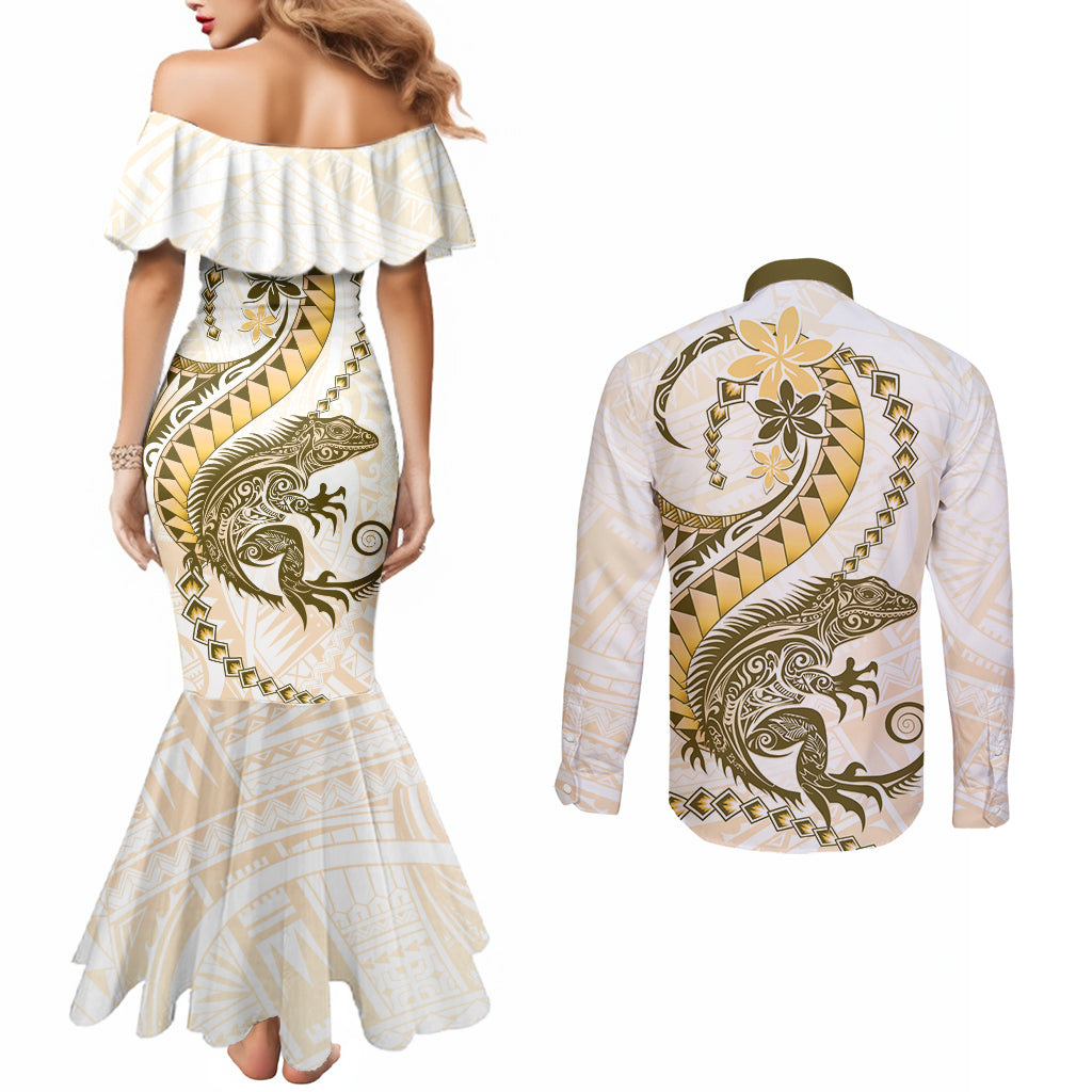 Gold Maori Tuatara Couples Matching Mermaid Dress and Long Sleeve Button Shirt Luxury Pastel Pattern LT01 - Polynesian Pride