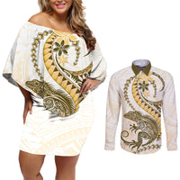 Gold Maori Tuatara Couples Matching Off Shoulder Short Dress and Long Sleeve Button Shirt Luxury Pastel Pattern LT01 Gold - Polynesian Pride