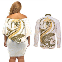 Gold Maori Tuatara Couples Matching Off Shoulder Short Dress and Long Sleeve Button Shirt Luxury Pastel Pattern LT01 - Polynesian Pride