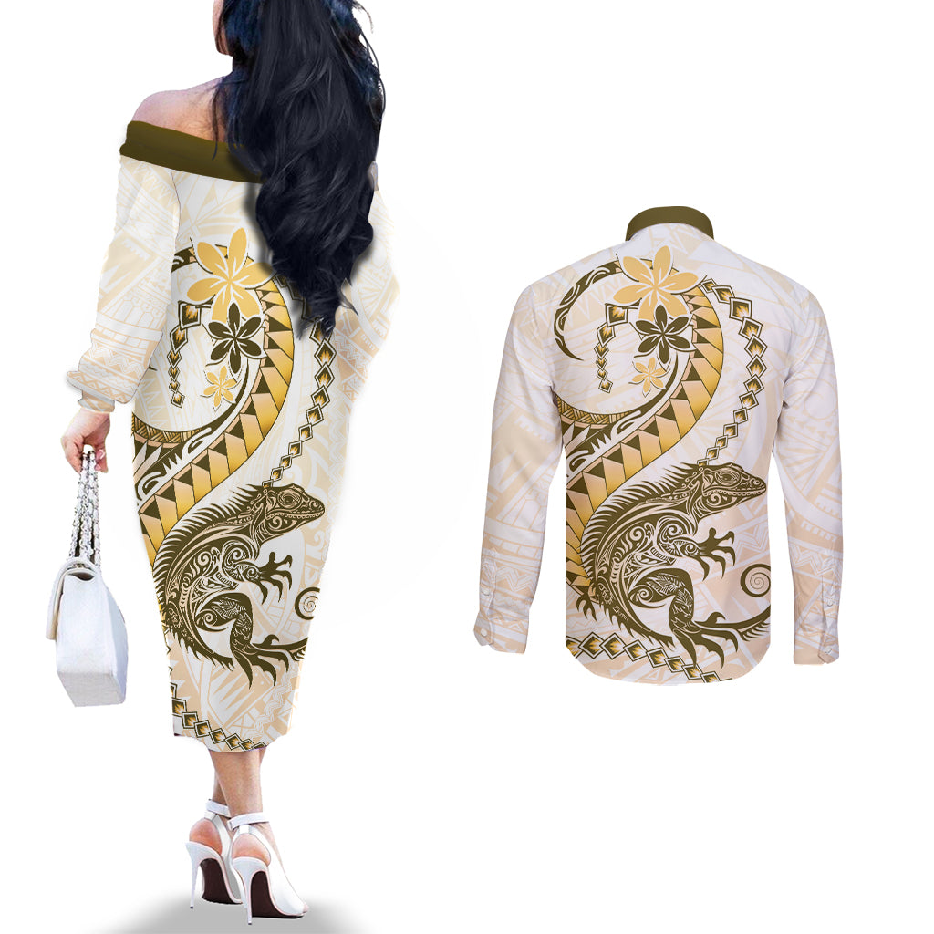 Gold Maori Tuatara Couples Matching Off The Shoulder Long Sleeve Dress and Long Sleeve Button Shirt Luxury Pastel Pattern