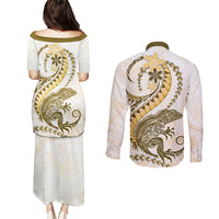 Gold Maori Tuatara Couples Matching Puletasi and Long Sleeve Button Shirt Luxury Pastel Pattern