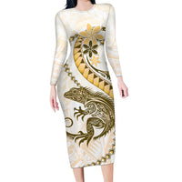 Gold Maori Tuatara Family Matching Long Sleeve Bodycon Dress and Hawaiian Shirt Luxury Pastel Pattern LT01 Mom's Dress Gold - Polynesian Pride