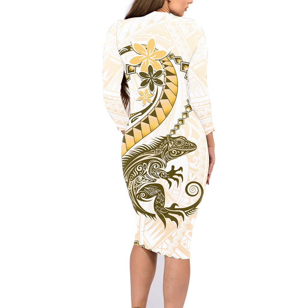 Gold Maori Tuatara Family Matching Long Sleeve Bodycon Dress and Hawaiian Shirt Luxury Pastel Pattern LT01 - Polynesian Pride