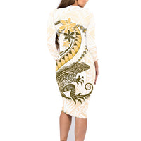 Gold Maori Tuatara Family Matching Long Sleeve Bodycon Dress and Hawaiian Shirt Luxury Pastel Pattern LT01 - Polynesian Pride