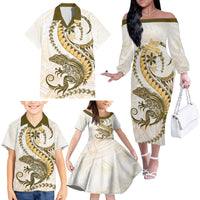 Gold Maori Tuatara Family Matching Off The Shoulder Long Sleeve Dress and Hawaiian Shirt Luxury Pastel Pattern LT01 - Polynesian Pride