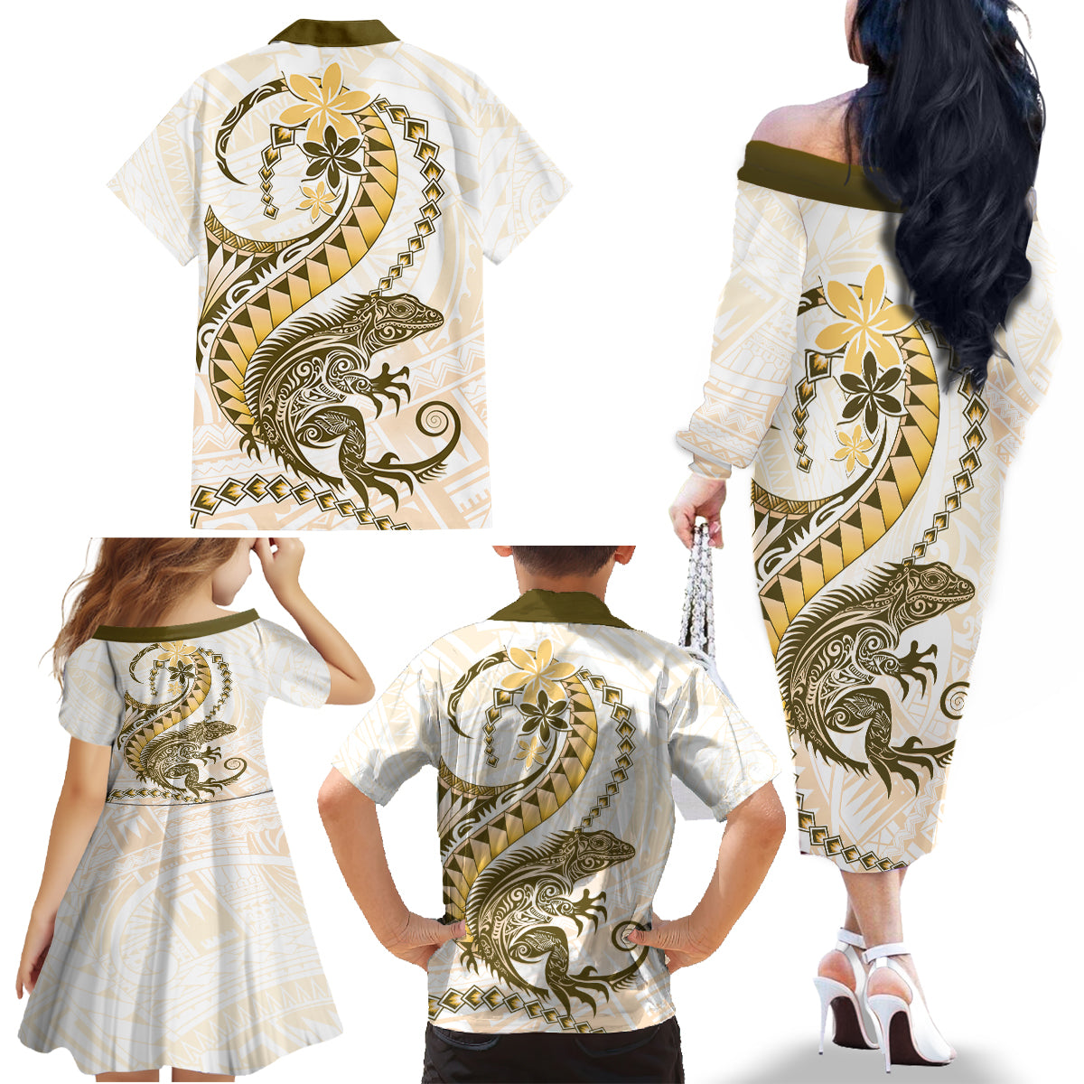 Gold Maori Tuatara Family Matching Off The Shoulder Long Sleeve Dress and Hawaiian Shirt Luxury Pastel Pattern LT01 - Polynesian Pride