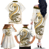 Gold Maori Tuatara Family Matching Off The Shoulder Long Sleeve Dress and Hawaiian Shirt Luxury Pastel Pattern LT01 - Polynesian Pride
