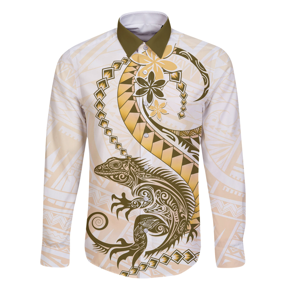 Gold Maori Tuatara Family Matching Off The Shoulder Long Sleeve Dress and Hawaiian Shirt Luxury Pastel Pattern LT01 Dad's Shirt - Long Sleeve Gold - Polynesian Pride