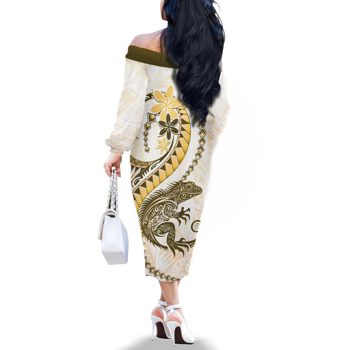 Gold Maori Tuatara Family Matching Off The Shoulder Long Sleeve Dress and Hawaiian Shirt Luxury Pastel Pattern LT01 - Polynesian Pride