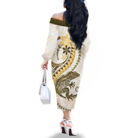 Gold Maori Tuatara Family Matching Off The Shoulder Long Sleeve Dress and Hawaiian Shirt Luxury Pastel Pattern LT01 - Polynesian Pride