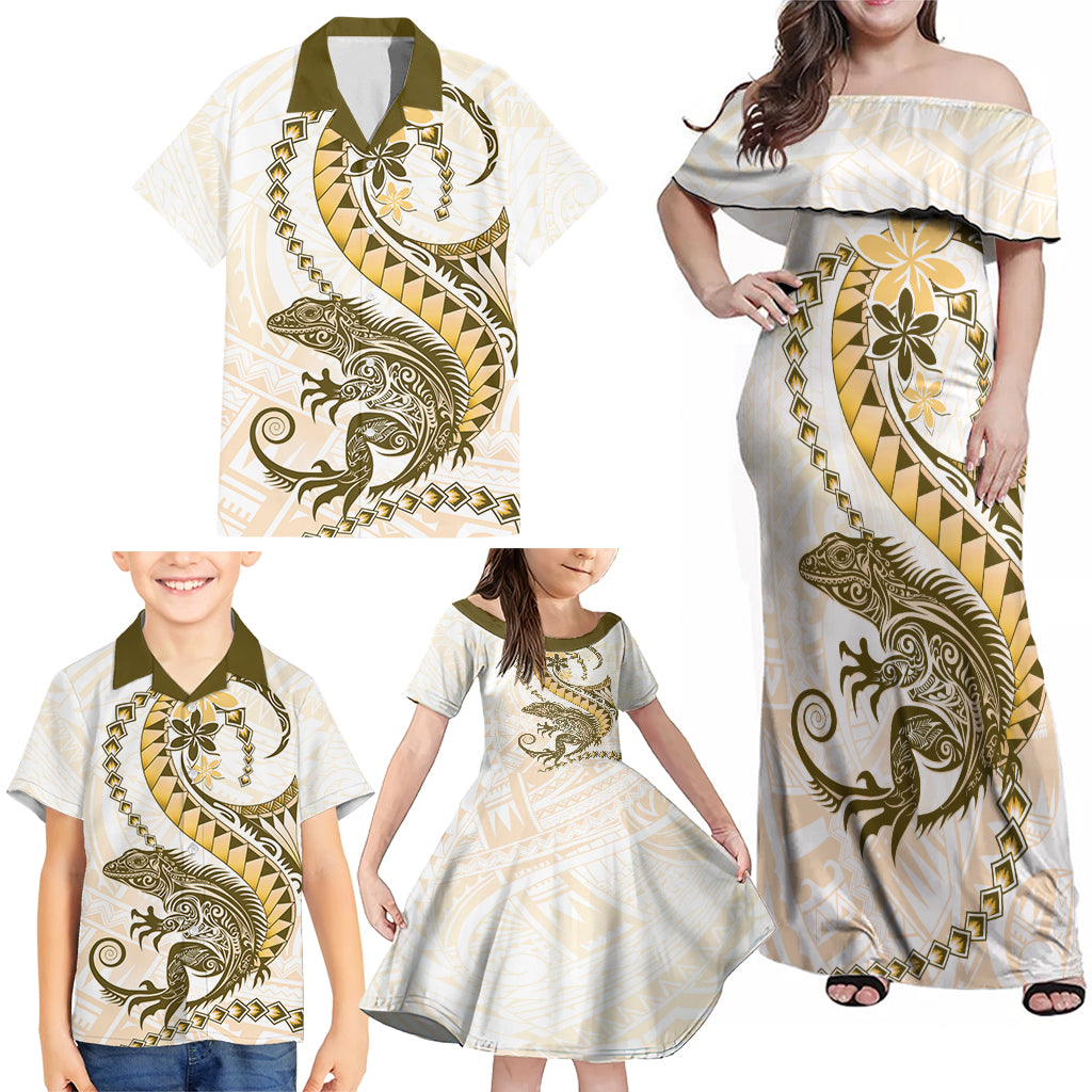 Gold Maori Tuatara Family Matching Off Shoulder Maxi Dress and Hawaiian Shirt Luxury Pastel Pattern LT01 - Polynesian Pride