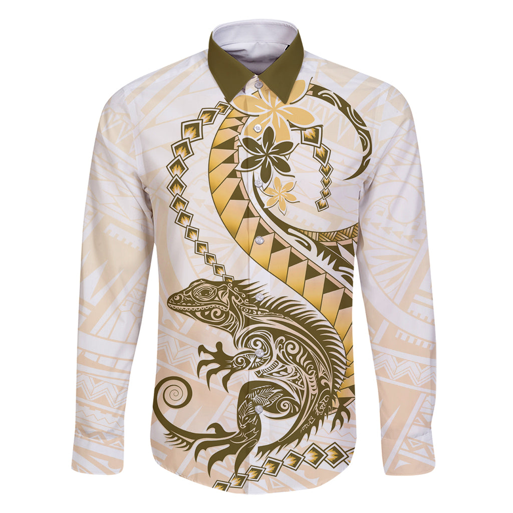 Gold Maori Tuatara Family Matching Off Shoulder Maxi Dress and Hawaiian Shirt Luxury Pastel Pattern LT01 Dad's Shirt - Long Sleeve Gold - Polynesian Pride