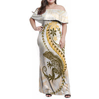 Gold Maori Tuatara Family Matching Off Shoulder Maxi Dress and Hawaiian Shirt Luxury Pastel Pattern LT01 Mom's Dress Gold - Polynesian Pride