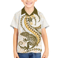 Gold Maori Tuatara Family Matching Off Shoulder Maxi Dress and Hawaiian Shirt Luxury Pastel Pattern LT01 Son's Shirt Gold - Polynesian Pride
