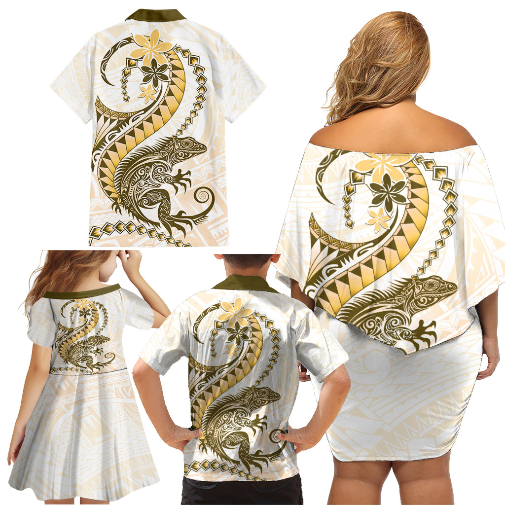 Gold Maori Tuatara Family Matching Off Shoulder Short Dress and Hawaiian Shirt Luxury Pastel Pattern LT01 - Polynesian Pride