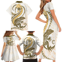 Gold Maori Tuatara Family Matching Short Sleeve Bodycon Dress and Hawaiian Shirt Luxury Pastel Pattern LT01 - Polynesian Pride