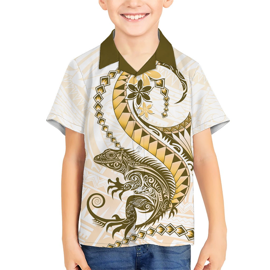 Gold Maori Tuatara Family Matching Short Sleeve Bodycon Dress and Hawaiian Shirt Luxury Pastel Pattern LT01 Son's Shirt Gold - Polynesian Pride