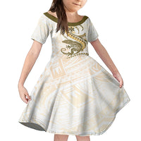 Gold Maori Tuatara Family Matching Summer Maxi Dress and Hawaiian Shirt Luxury Pastel Pattern LT01 Daughter's Dress Gold - Polynesian Pride