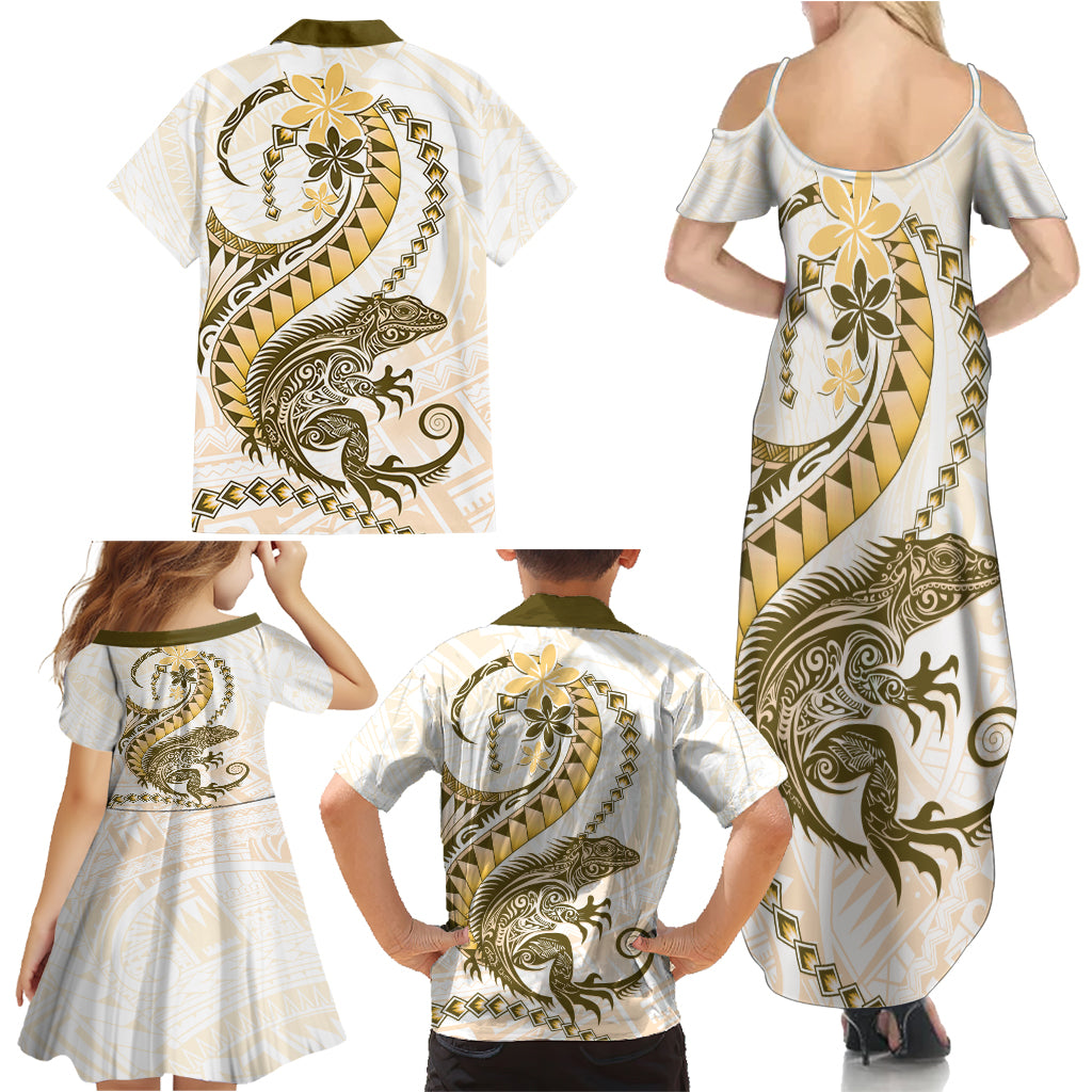 Gold Maori Tuatara Family Matching Summer Maxi Dress and Hawaiian Shirt Luxury Pastel Pattern LT01 - Polynesian Pride