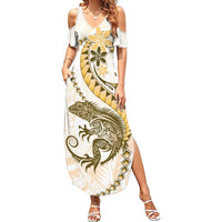 Gold Maori Tuatara Family Matching Summer Maxi Dress and Hawaiian Shirt Luxury Pastel Pattern LT01 Mom's Dress Gold - Polynesian Pride