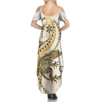 Gold Maori Tuatara Family Matching Summer Maxi Dress and Hawaiian Shirt Luxury Pastel Pattern LT01 - Polynesian Pride