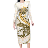 Gold Maori Tuatara Long Sleeve Bodycon Dress Luxury Pastel Pattern LT01 Long Dress Gold - Polynesian Pride