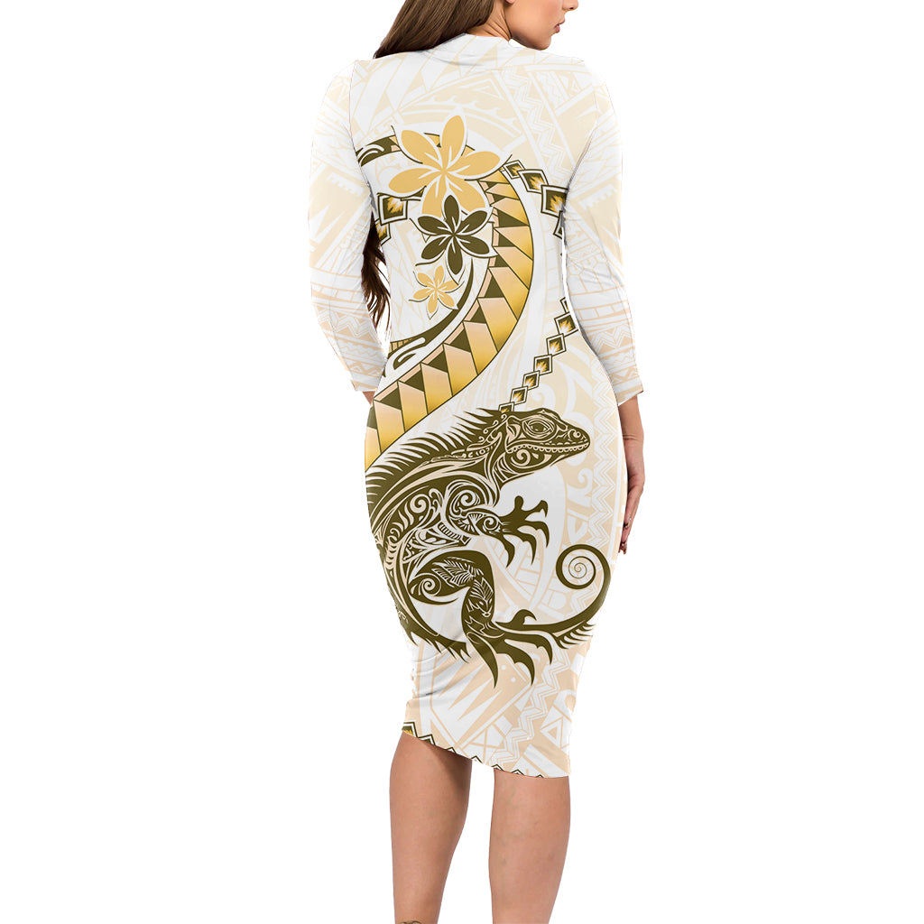 Gold Maori Tuatara Long Sleeve Bodycon Dress Luxury Pastel Pattern LT01 - Polynesian Pride