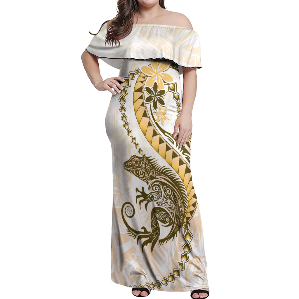 Gold Maori Tuatara Off Shoulder Maxi Dress Luxury Pastel Pattern