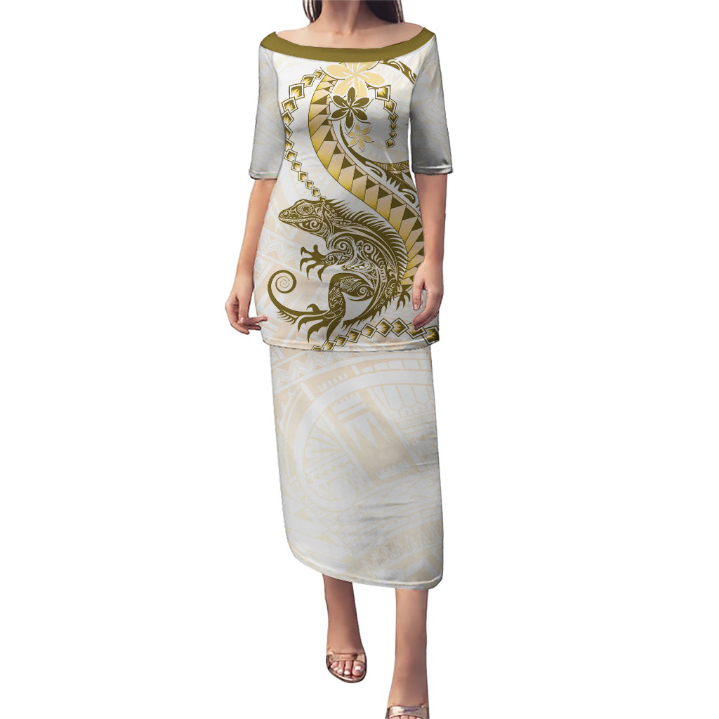 Gold Maori Tuatara Puletasi Luxury Pastel Pattern