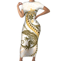 Gold Maori Tuatara Short Sleeve Bodycon Dress Luxury Pastel Pattern LT01 Long Dress Gold - Polynesian Pride
