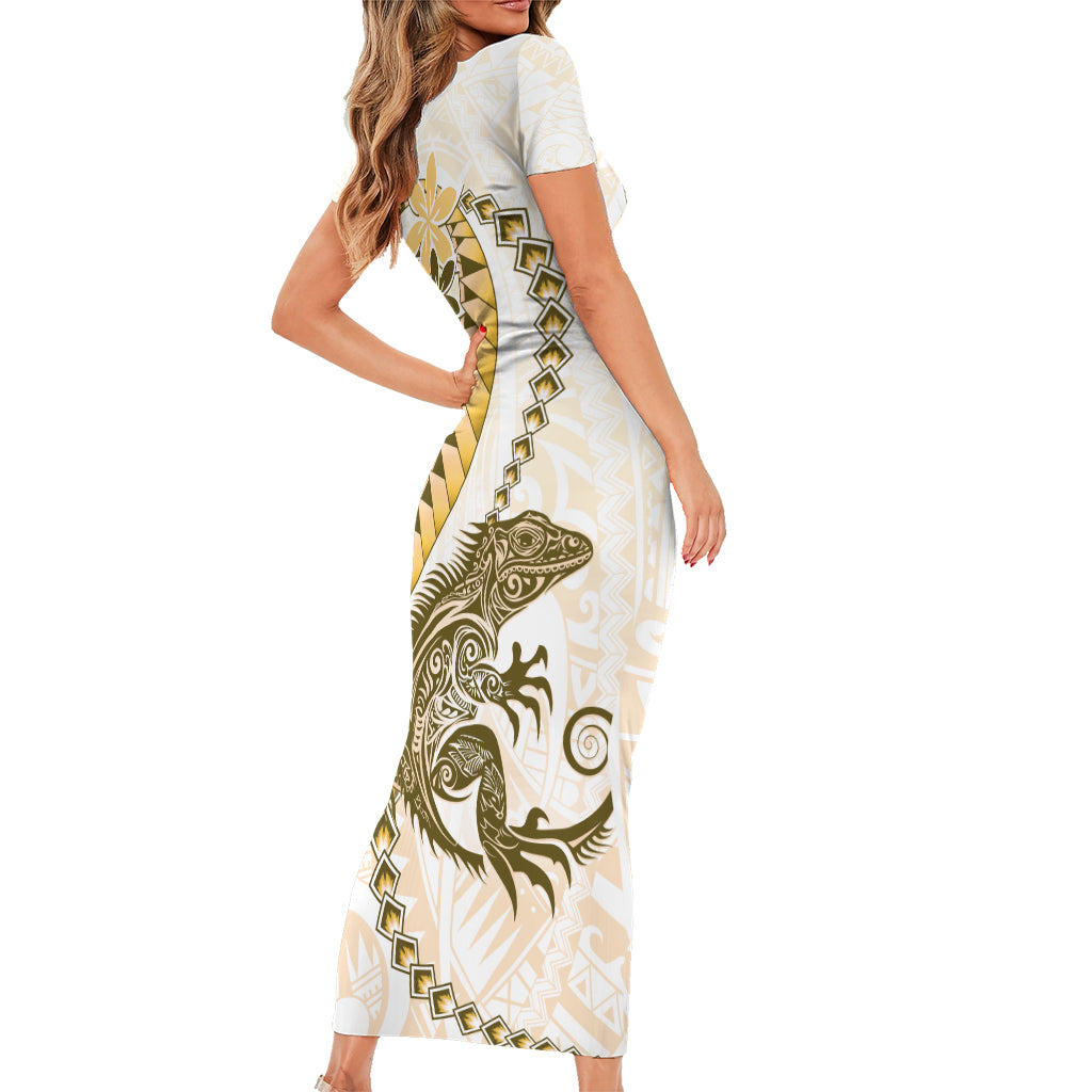 Gold Maori Tuatara Short Sleeve Bodycon Dress Luxury Pastel Pattern LT01 - Polynesian Pride