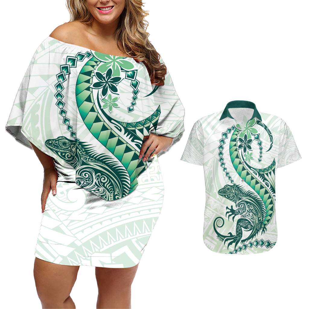 Green Maori Tuatara Couples Matching Off Shoulder Short Dress and Hawaiian Shirt Luxury Pastel Pattern