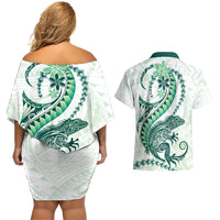 Green Maori Tuatara Couples Matching Off Shoulder Short Dress and Hawaiian Shirt Luxury Pastel Pattern