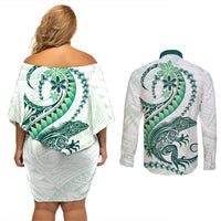 Green Maori Tuatara Couples Matching Off Shoulder Short Dress and Long Sleeve Button Shirt Luxury Pastel Pattern