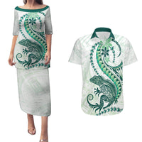 Green Maori Tuatara Couples Matching Puletasi and Hawaiian Shirt Luxury Pastel Pattern