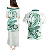 Green Maori Tuatara Couples Matching Puletasi and Hawaiian Shirt Luxury Pastel Pattern