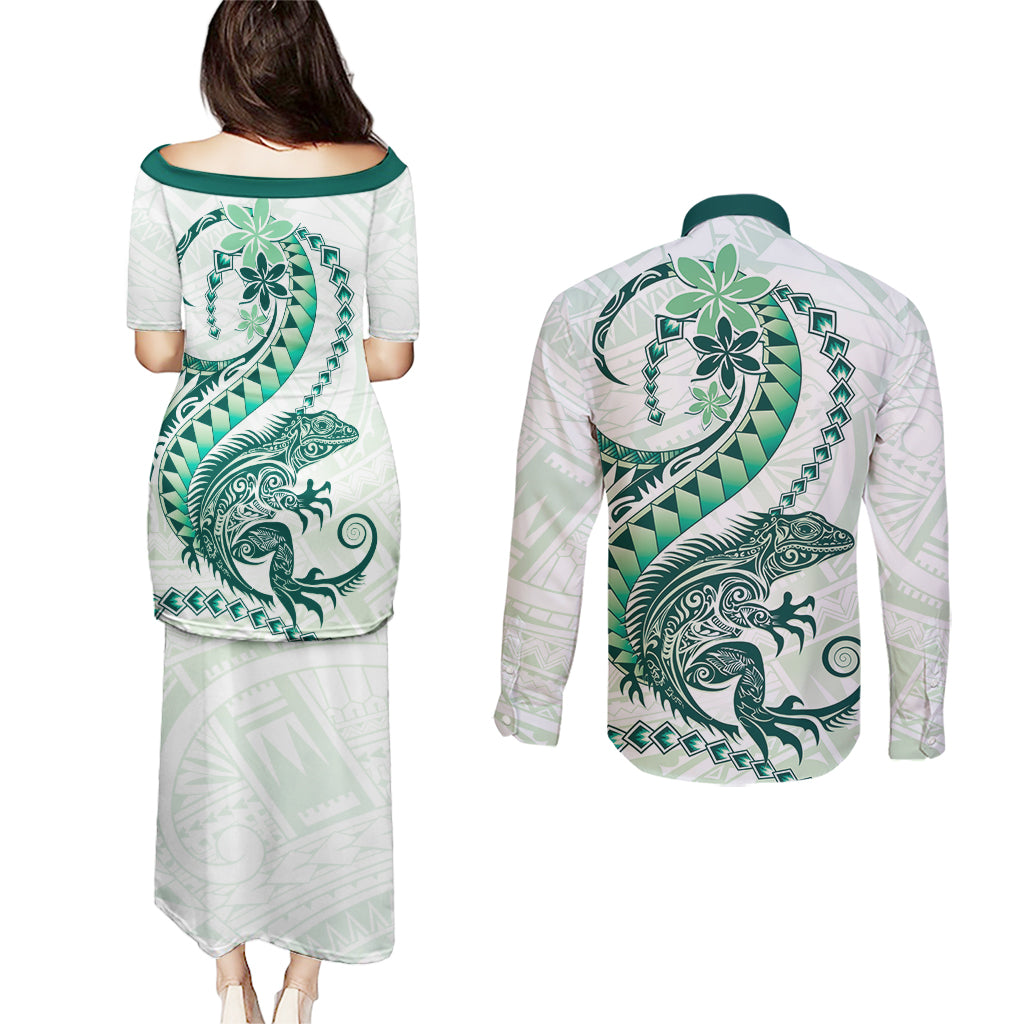 Green Maori Tuatara Couples Matching Puletasi and Long Sleeve Button Shirt Luxury Pastel Pattern