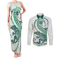 Green Maori Tuatara Couples Matching Tank Maxi Dress and Long Sleeve Button Shirt Luxury Pastel Pattern