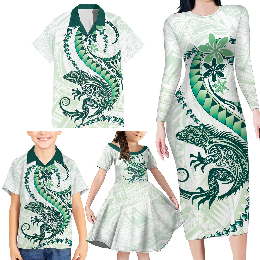 Green Maori Tuatara Family Matching Long Sleeve Bodycon Dress and Hawaiian Shirt Luxury Pastel Pattern LT01 - Polynesian Pride