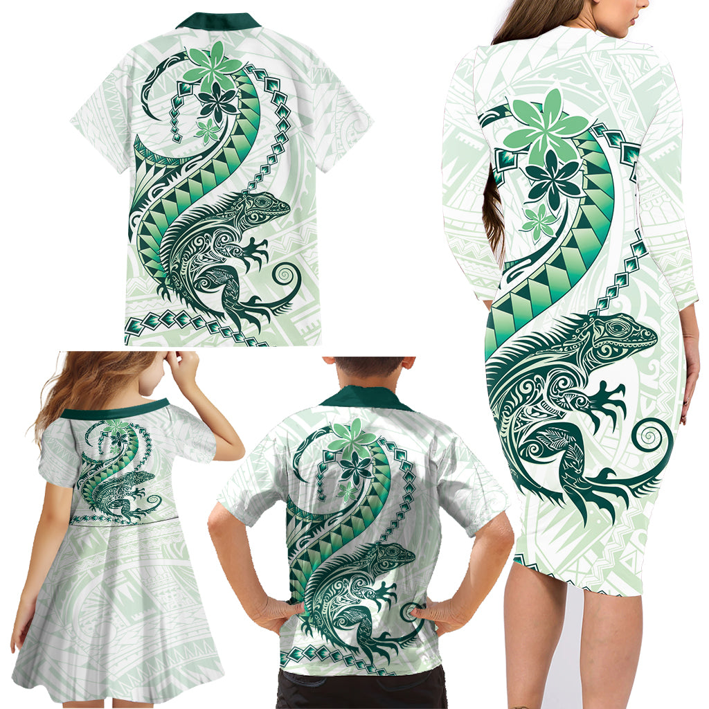 Green Maori Tuatara Family Matching Long Sleeve Bodycon Dress and Hawaiian Shirt Luxury Pastel Pattern LT01 - Polynesian Pride