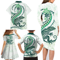 Green Maori Tuatara Family Matching Long Sleeve Bodycon Dress and Hawaiian Shirt Luxury Pastel Pattern LT01 - Polynesian Pride