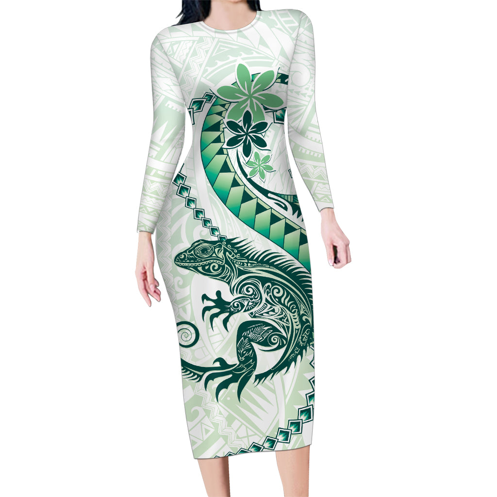Green Maori Tuatara Family Matching Long Sleeve Bodycon Dress and Hawaiian Shirt Luxury Pastel Pattern LT01 Mom's Dress Green - Polynesian Pride