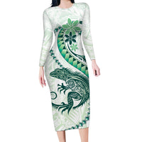 Green Maori Tuatara Family Matching Long Sleeve Bodycon Dress and Hawaiian Shirt Luxury Pastel Pattern LT01 Mom's Dress Green - Polynesian Pride